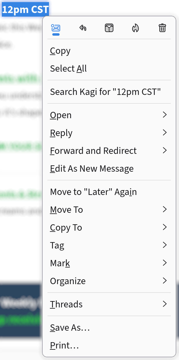 The text “12pm PST” selected. A context menu lists some possible actions, including searching the web for it.